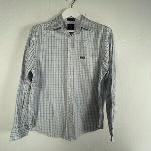 Faconnable Men's Plaid Collared Long Sleeve Button Up Shirt White/Blue Large